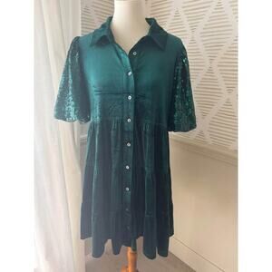 Entro Women’s Large Green Velvet & Sequin Tiered Ruffle Mini Dress